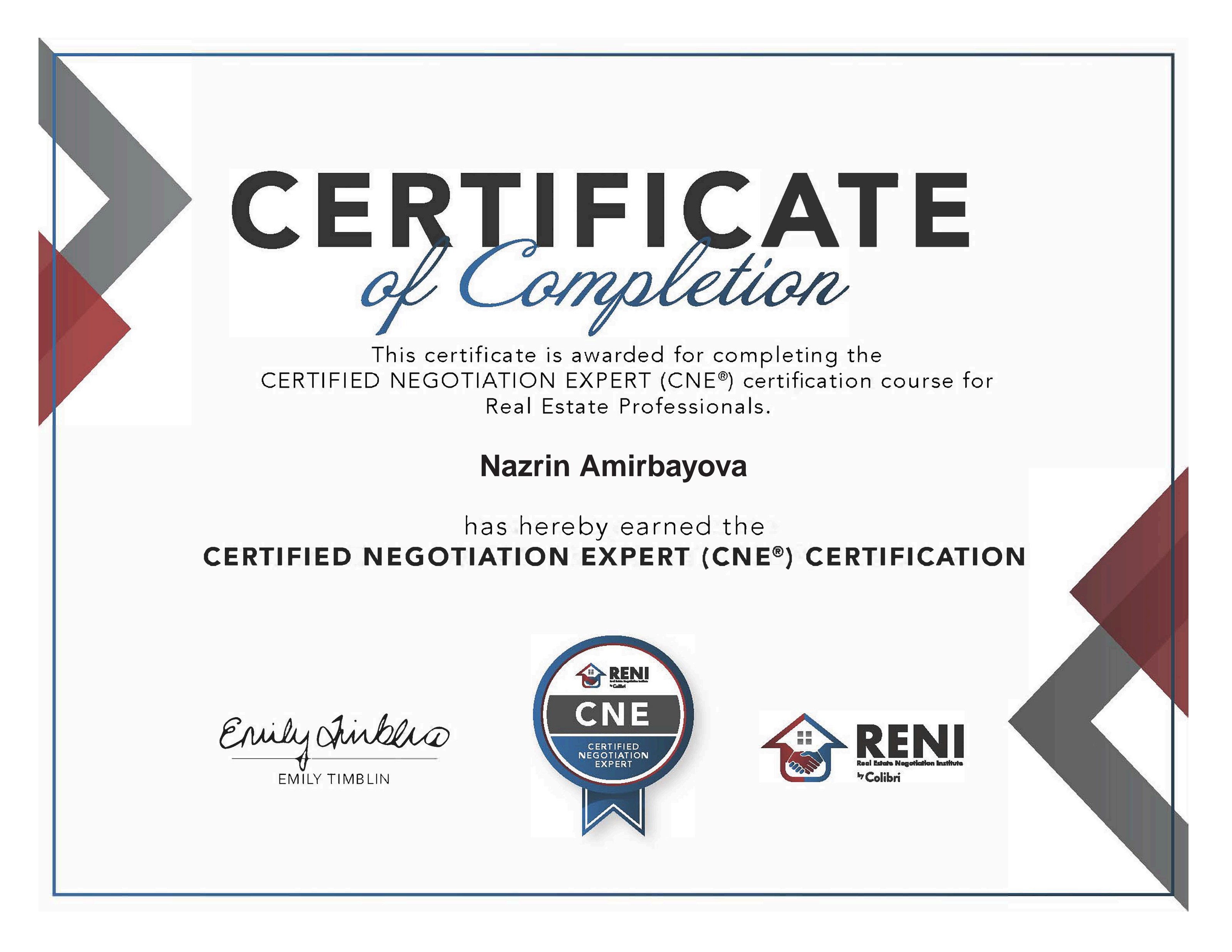 Certified Negotiation Expert (CNE) Certification awarded to Nazrin Amirbayova
