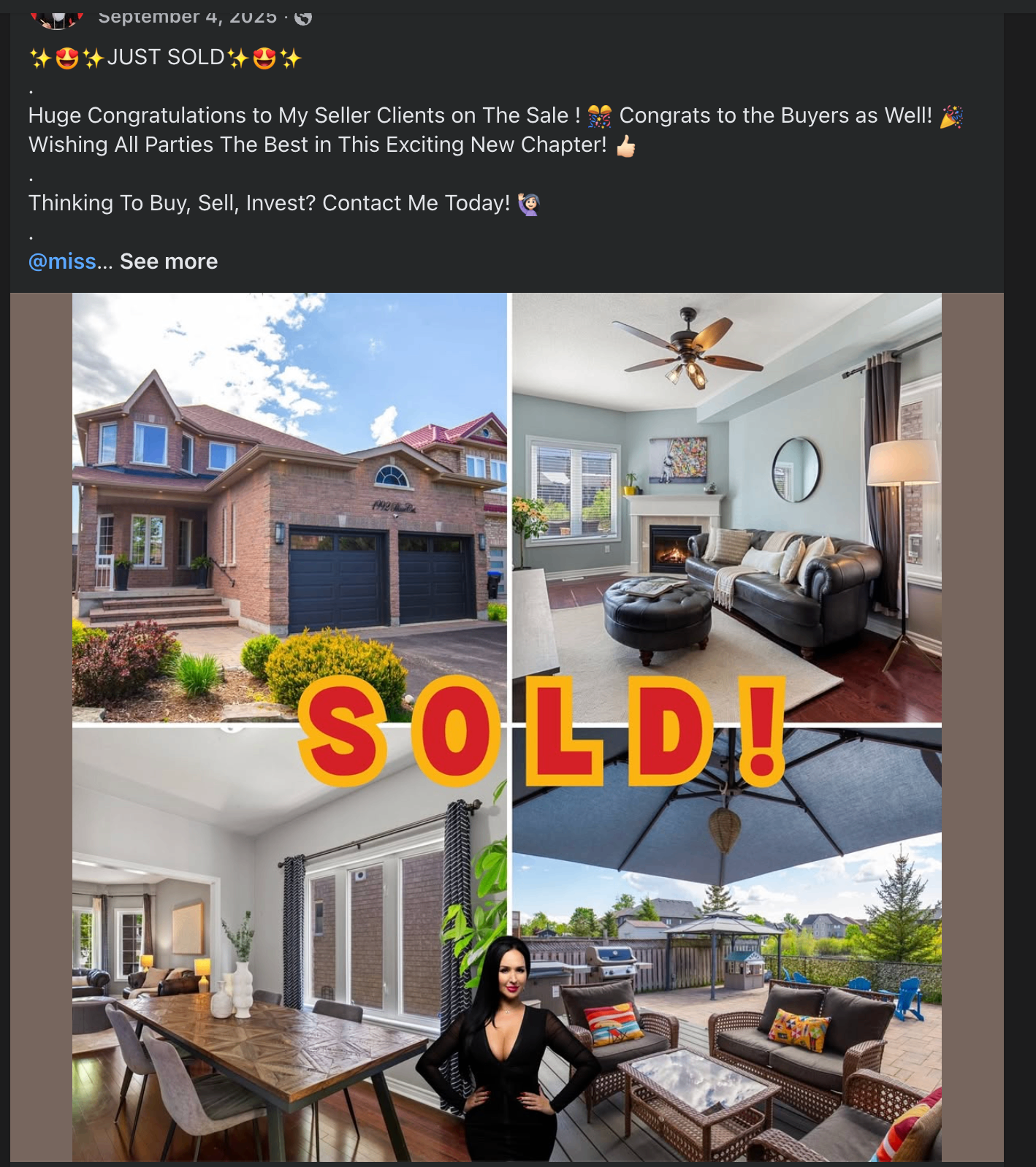 Facebook post showing a sold family home with interior and backyard photos