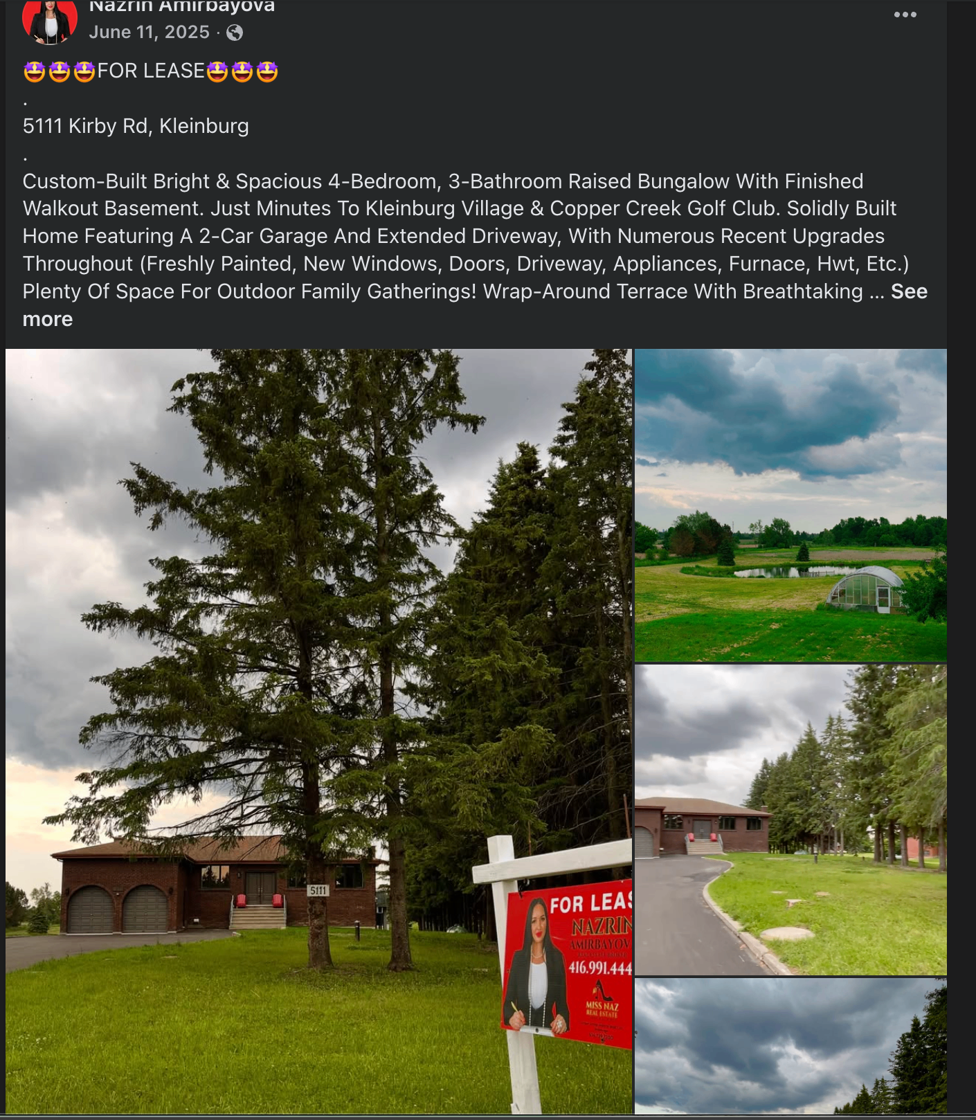 Facebook post showing 5111 Kirby Road listed for lease in Kleinburg