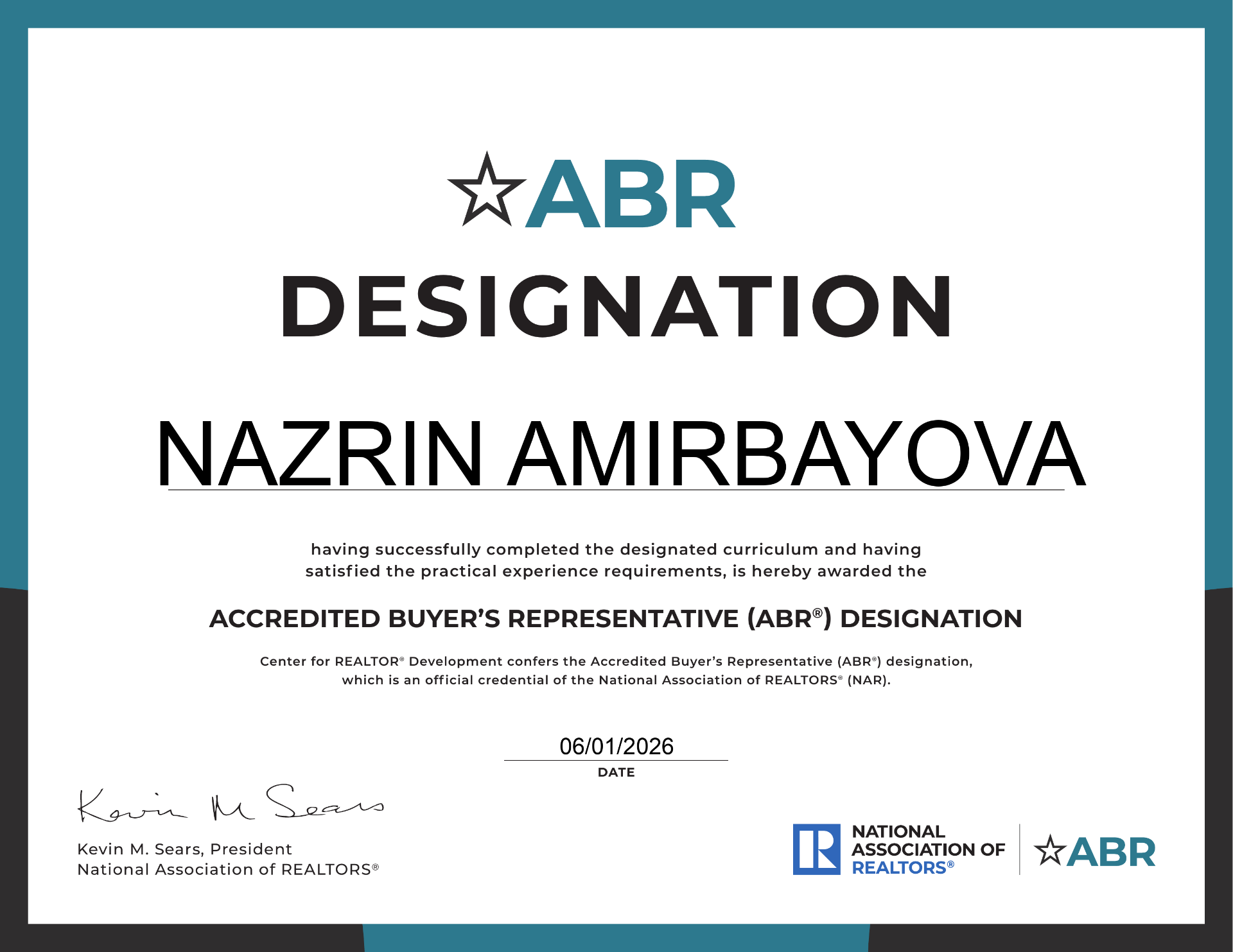 Accredited Buyer's Representative (ABR) Designation awarded to Nazrin Amirbayova