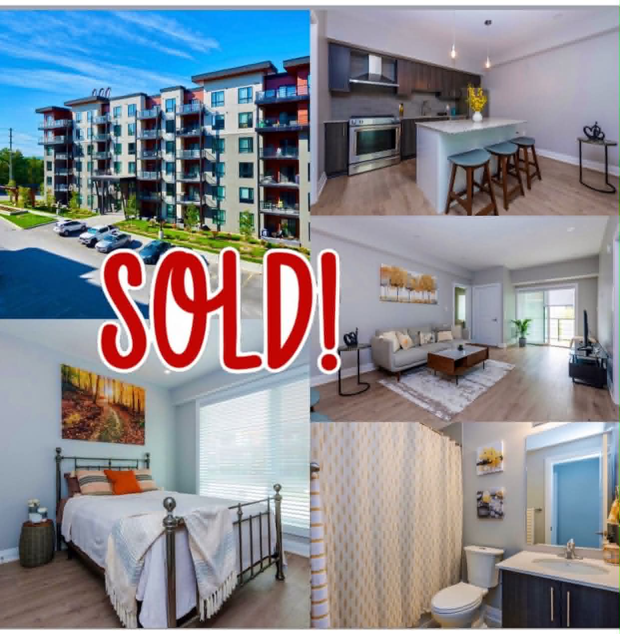 Collage of a sold modern condominium suite interior and exterior