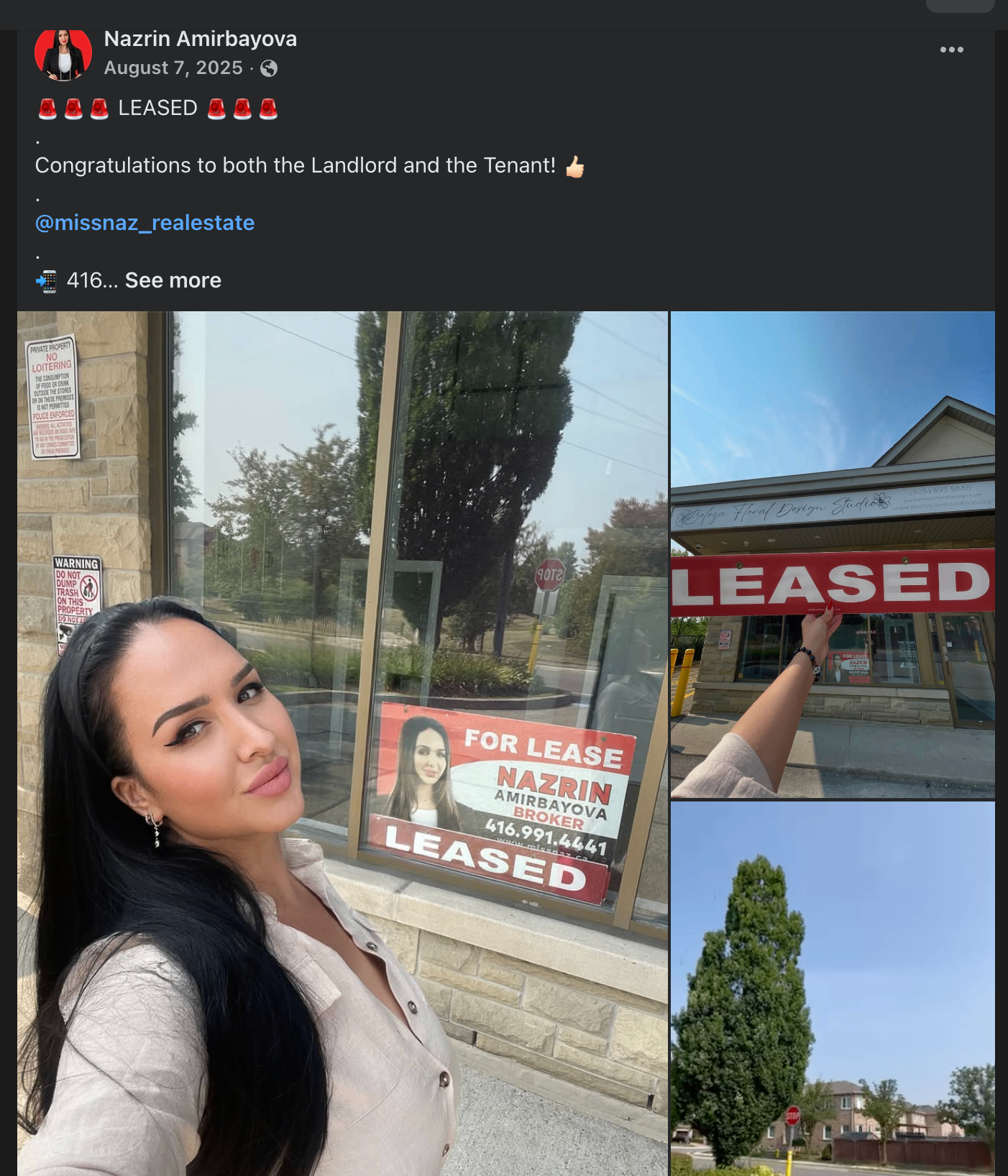 Facebook post showing Nazrin beside a leased commercial property sign
